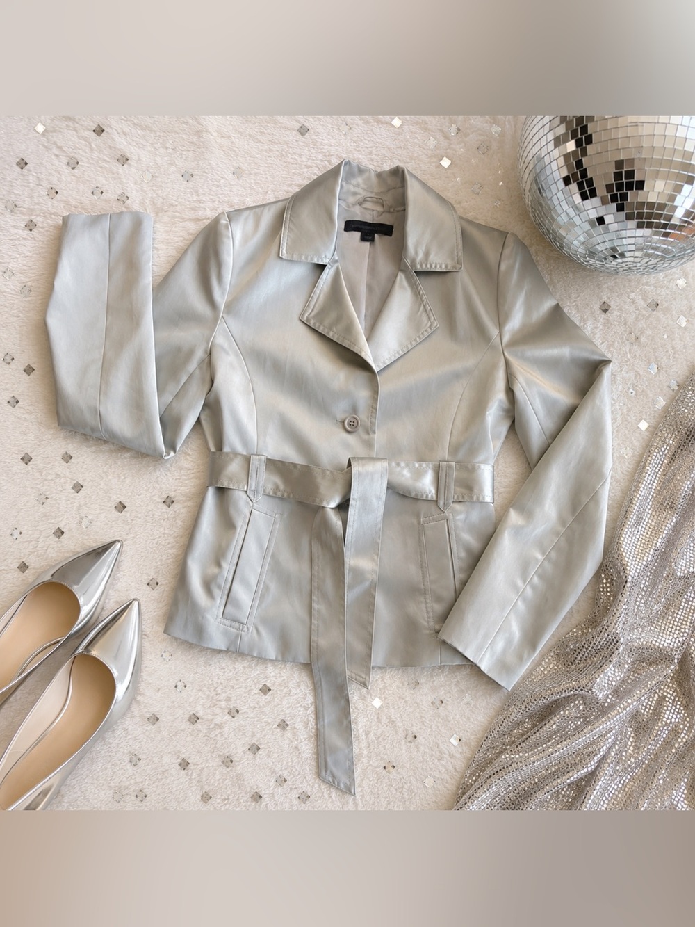 Express Design Studio Silver Belted Collared Jacket Women's S Regular Long Slee…